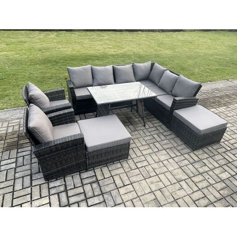 Fimous High Back Outdoor Garden Furniture Set Rattan Corner Sofa Dining Table Set With 2 Armchairs 2 Big Footstool 10 Seater Dark Grey Mixed (1/5)