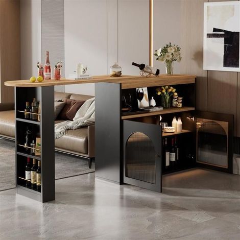 Table de bar extensible - Noir - 138/193x39x105cm - Avec bandeau LED - Rangement intégré - Style moderne (1/5)