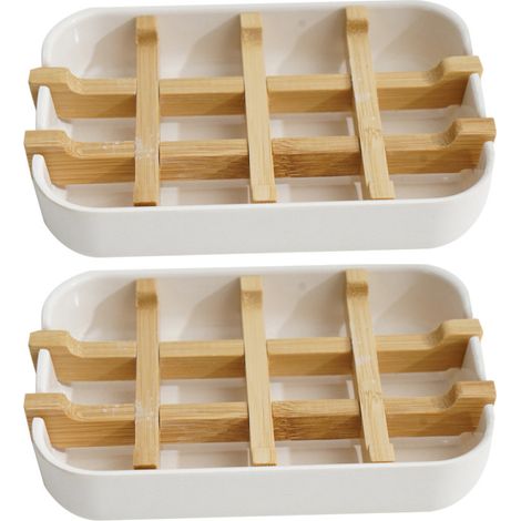 Support Pour Savon - En Fibre De Bambou Avec Bac À Égouttement - Pour Salle De Bain Et Cuisine - 2 Pièces (1/5)