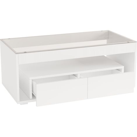 Mesa de centro rectangular con LED 100x50x40 cm, vidrio templado y 2 cajones, blanca (1/5)