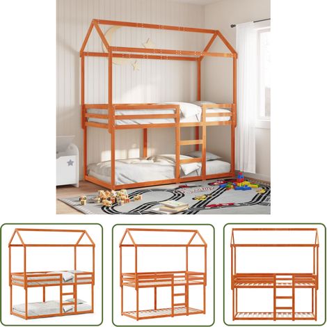 The Living Store Etagenbett mit Dach Wachsbraun 90x190 cm Massivholz Kiefer - Kinderbett - Holzbett - Jugendbett - Etagenbett - Hochbett (1/5)