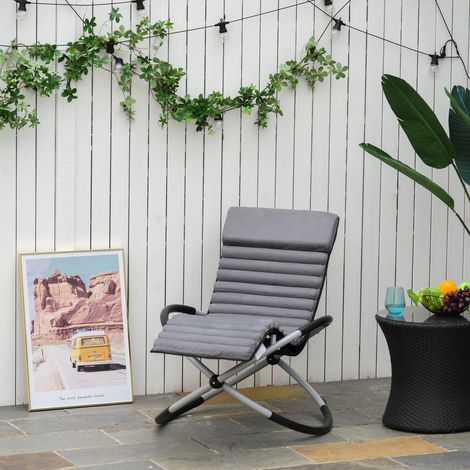 Chaise Longue à Bascule Pliable Rocking Chair Design Contemporain avec Matelas Aspect revêtement Daim métal textilène Gris Noir