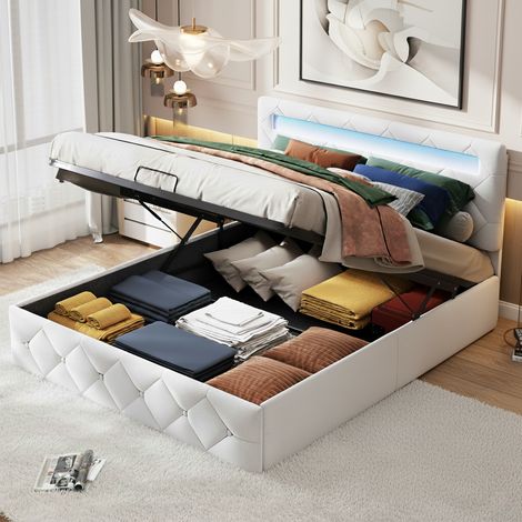 Lit coffre 140x190 cm, lit 140x190, lit double avec lumière LED intégrée et espace de rangement, sommier à lattes, velours, Beige (1/5)