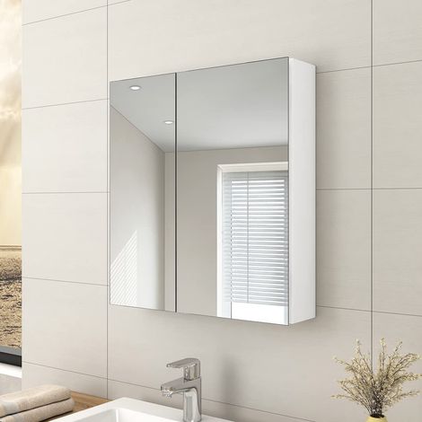EMKE Bathroom Vanity Mirror Cabinet with Storage - Double Door Wall Mounted Storage Cupboard Aluminum Frameless Medicine Cabinet, Makeup Bathroom Wall Storage Cabinets White