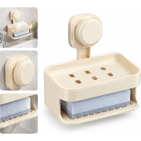 1 Piece Porte-Savon Mural Double Niveau Blanc avec Ventouse, Polypropylene, 13,5 x 9,5 x 8 cm, Fixation Sans Percage Salle de Bain et Douche (1/5)