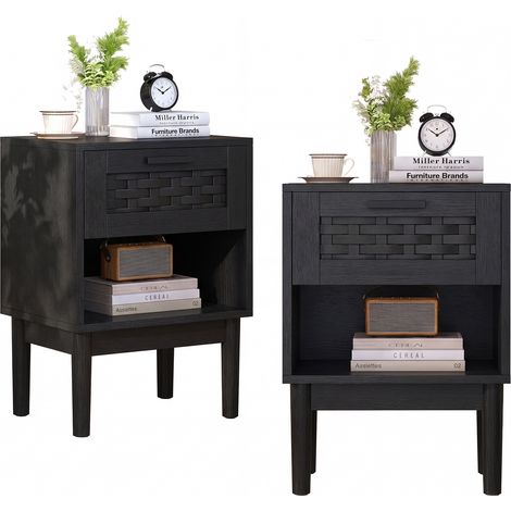 Lot de 2 Tables de Chevet avec Tiroir en Cannage Rotin – Table de Nuit avec Niche Ouverte – Style Maison de Campagne/Bohème – 40x30x55 cm - noir (1/5)
