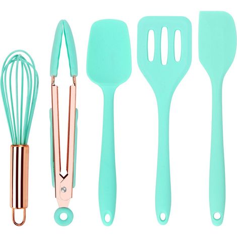 Mini spatule et mini ustensiles de cuisine, petit ensemble de cinq pièces en silicone pour enfants : fouet, spatule, pince, cuillère et spatule ajourée. (1/5)