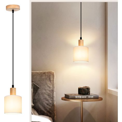 ZMH – Lampe suspendue en bois 1 lumière E14 – Abat-jour en tissu blanc – Hauteur réglable jusqu'à 150 cm – Style vintage rustique pour salon et cuisine (1/5)