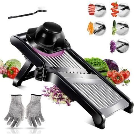 Mandoline de Cuisine Multifonctions, Mandolines en INOX, Mandolin Professionnelle, Epaisseur de Tranche Réglable - Brosse de Nettoyage et Gants Résistants aux Coupures (1/5)