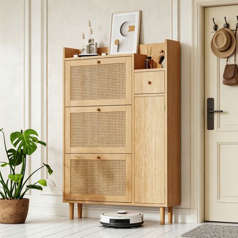 Meuble à Chaussures - avec 3 Abattants et 1 Tiroir - Grande Capacité - Design Naturel et Moderne - Bois et Rotin - 90 cm (1/5)