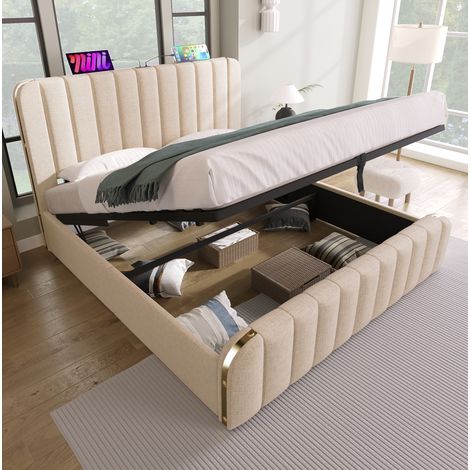 Letto matrimoniale contenitore USB 140x200 beige OKMYHOME (1/5)