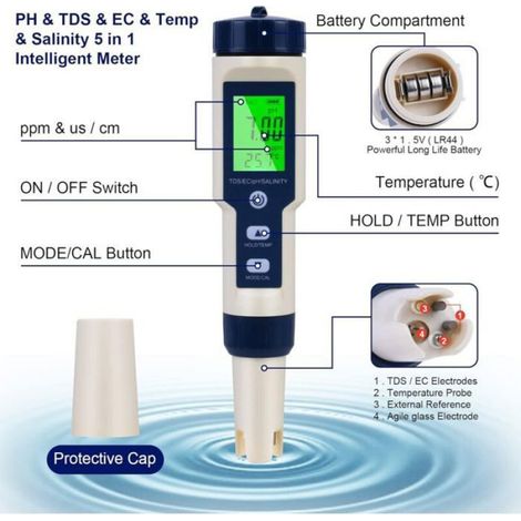 Testeur Ph - pH TDS EC Salinité Température - Écran LCD Rétro-Éclairé - IP67 - 5-en-1 - 1 Pièce (1/4)
