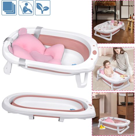 AUFUN Baignoire Bébé Pliable Baignoire Bébé Ergonomique avec Pieds Antidérapants pour Bébés, Baignoire Pliable (Rose, avec Oreiller ) (1/5)