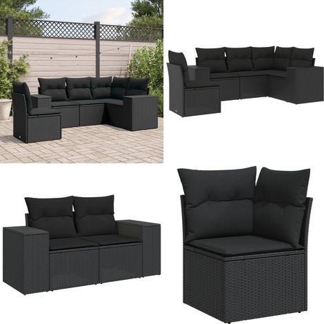 Salon de jardin 5 pcs avec coussins noir résine tressée - Salon De Jardin - Mobilier De Jardin - Salon Extérieur - Ensemble De Canapés - Canapé D'angle - Home & Living (1/5)