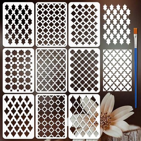 9PCS Pochoirs Motif Maroc avec 1Pc Pinceau 21x29.7cm Pochoirs de Motifs de Brocart Élégants Pochoir Décoratif de Fleurs Marocain pour Peinture sur Bois Mur Meuble DIY Décoration Maison (1/5)
