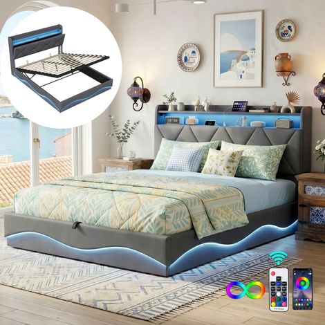Lit Coffre Double 140x200 cm Velours avec Sommier Hydraulique, Tête de Lit Rangement, Éclairage LED et Port USB-C - Lit Adulte 2 Places - Gris