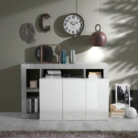 Buffet moderne laqué blanc et gris béton 3 portes GAMA (1/5)