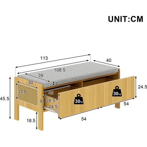 Banc à chaussures, banc de rangement, banc avec panneaux latéraux en rotin tressé, 2 tiroirs, couleur : naturel, dimensions : 113 × 45,5 × 40 cm (1/5)