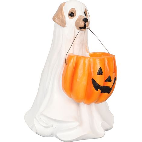 Statue de chien fantôme d'Halloween en résine, ornement de chien citrouille, figurine de chien fantôme mignonne et effrayante pour intérieur et extérieur (1/5)