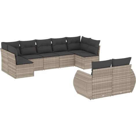 Salon de jardin 9 pcs Mobilier de jardin avec coussins gris clair résine tressée (1/5)