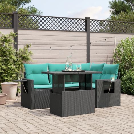 5-teiliges Gartensofa-Set mit Kissen, schwarzes Polyrattan (1/5)