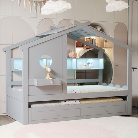 DESVIAE Lit enfant maison avec lit gigogne 90 x 190 rangements tiroirs LED USB Type C bois massif gris (1/5)