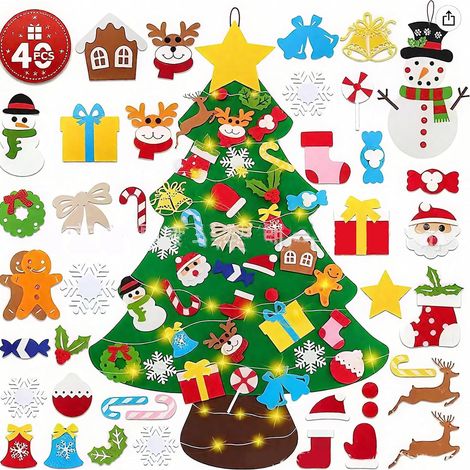Kit de sapin de Noël en feutrine à monter soi-même avec lumières3m LED,  décorations de Noël en feutrine réutilisables avec 40 ornements détachables.