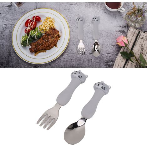 Kinderbesteckset aus Edelstahl 304 mit Gabel und Löffel im Tiermotiv (Kätzchen). (1/5)