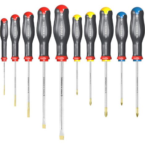 FACOM Jeu De 10 Tournevis Protwist Lame Ronde Et Hexagonale - ATW.J10PB - Fendue, Phillips, Pozidriv