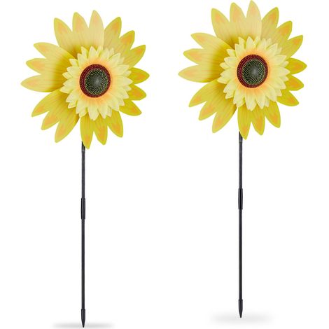 Relaxdays Windrad Sonnenblume, 2er Set, H x B x T: 76 x 29 x 8 cm, Doppel-Windrad für Garten & Balkon, zum Stecken, gelb