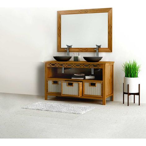 Ensemble meuble vasque salle de bain en teck massif 140 cm – Miroir et 2 vasques rondes en terrazzo – 3 tiroirs en rotin tressé (1/5)