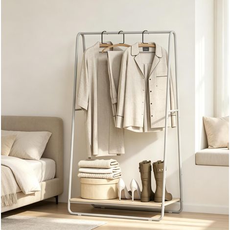 Perchero con zapatero 3 en 1 de metal y tablero, gris y madera amarilla (1/5)