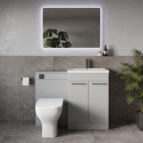 Napoli 390 Gloss Grey Pearl 1100mm 2 Door Vanity Unit Toilet Suite with Glide Basin - 1100mm - Gunmetal Grey 160mm HandleWith Kingston Toilet Pan and Seat