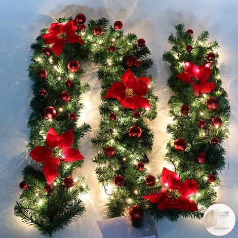 Guirlande de Sapin Décoration Noël Guirlande avec Boules Couronne de Fleurs Boule avec LED lumière pour Porte Entrée 270cm (Rouge) (1/5)