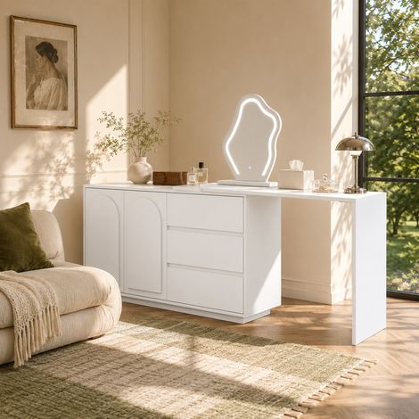 MEUBLIV Schminktisch 140x40x75 cm Weiß, Spanplatte, LED-Spiegel, platzsparend (1/5)