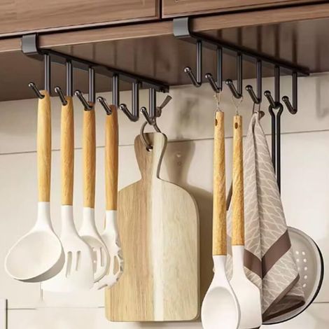 Lot de 2 crochets de rangement pour tasses, crochets sous armoire pour tasses, ustensiles de cuisine, cravates, ceintures et cintres pour écharpes sous armoires (noir) (1/5)