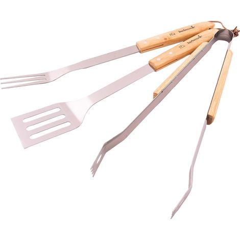 kit ustensiles barbecue avec spatule, fourchette et pince à barbecue en acier inoxydable et manche en bois de bouleau (1/2)