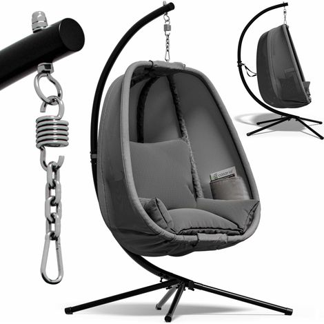 CASARIA® Fauteuil suspendu avec coussin structure robuste max. 150 kg panier suspendu intérieur et extérieur poches latérales fauteuil œuf Gris (1/5)