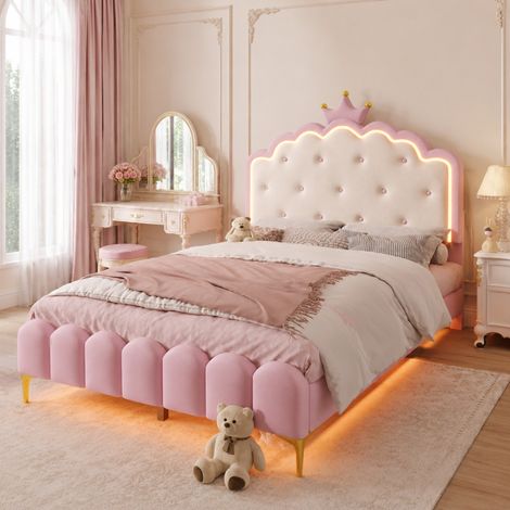 Lit 140 x 200 cm en cuir régénéré rose, forme princesse couronne, sommier à lattes, éclairage LED réglable par application, pieds métal – de FLORAGRACE (1/5)