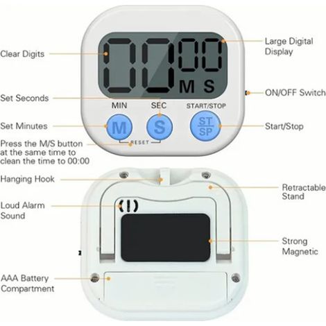Minuteur électronique multifonction en anglais, blanc, grand écran, avec compte à rebours et affichage numérique, pour la cuisine et la pâtisserie. (1/5)