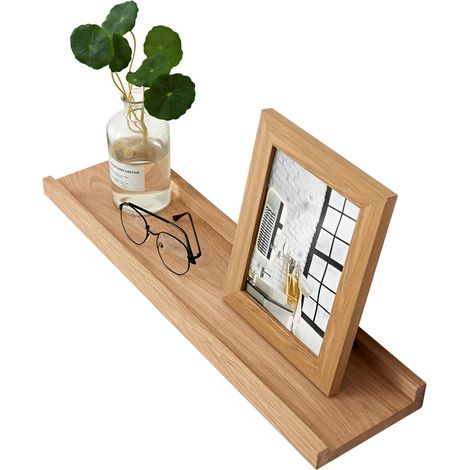 1 Étagère Flottante, 60cm Longueur, Chêne Massif, Bord Anti-chute, Salon Cuisine Bureau (1/5)