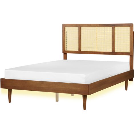 Cama LED con somier moderno cabecero trenza vienesa madera de caucho clara 140 x 200 cm Auray