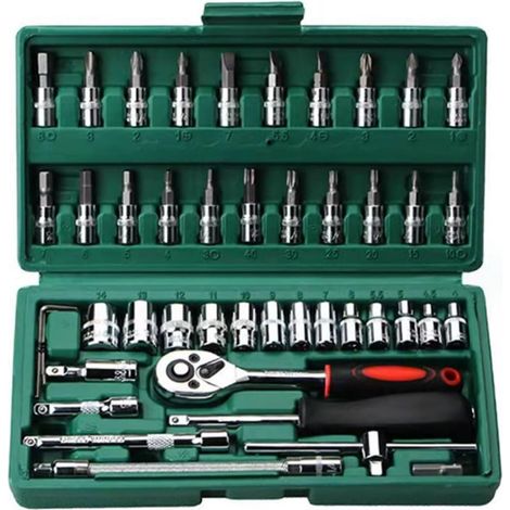 (Verde) Juego de 46 llaves de trinquete con dado de 1/4 de pulgada con juego de dados métricos y barra de extensión para reparación de automóviles (1/5)