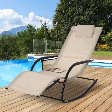 Fauteuil à bascule, balancelle, chaise de jardin, chaise longue à bascule, maille métallique, beige, 150 x 62 x 88 cm