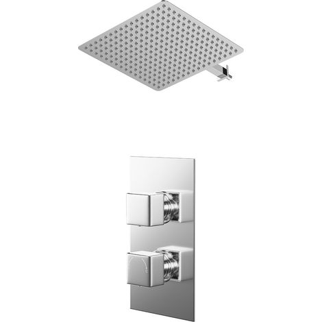 Cubix Polished Chrome Concealed Twin Thermostatic Shower Valve and 400mm Thin Square Fixed Head with Wall Arm - 1 Outlet (1/5)