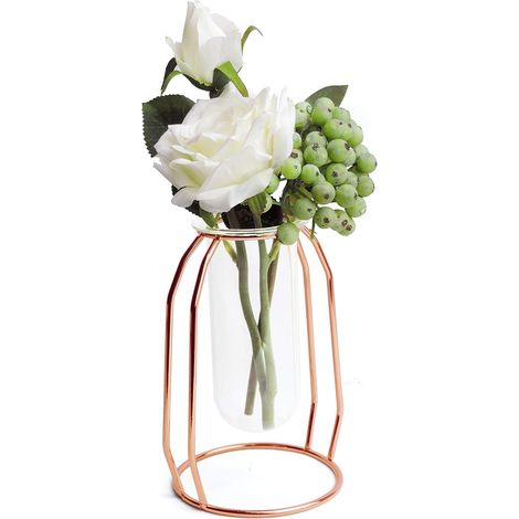 Vase En Verre Avec Cadre Métallique - Vase Hydroponique Pour Bureau - 24 x 24 x 67 mm Tube Verre Transparent - 38 x 38 x 91 mm Support Métal Doré - 1 Pièce (1/5)