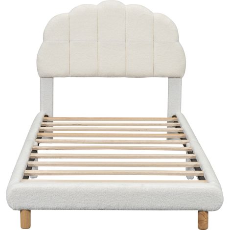 Kinderbett 90 x 200 cm, Einzelbett mit Gepolstertem Kopfteil, ohne Matratze, aus Pluesch, Weiss (1/5)