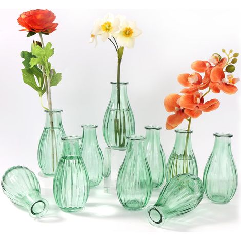 Set mit 10 Mini-Glasvasen, 220 ml, verschiedene Größen, inklusive Schnur, grüne Tischdekoration