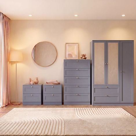 Altino 4 Piece Bedroom Set with 2 Drawer Bedside, Set of 2, 5 Drawer Chest, 3 Door 2 Drawer Wardrobe, Grey (1/4)