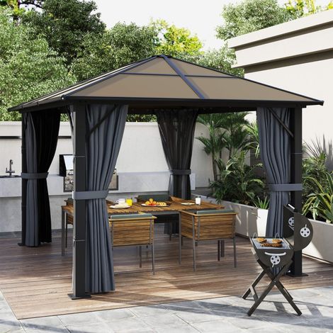 REDOM Gazebo 3x3 m, tetto in policarbonato 6 mm, tende e zanzariere, poliestere grigio